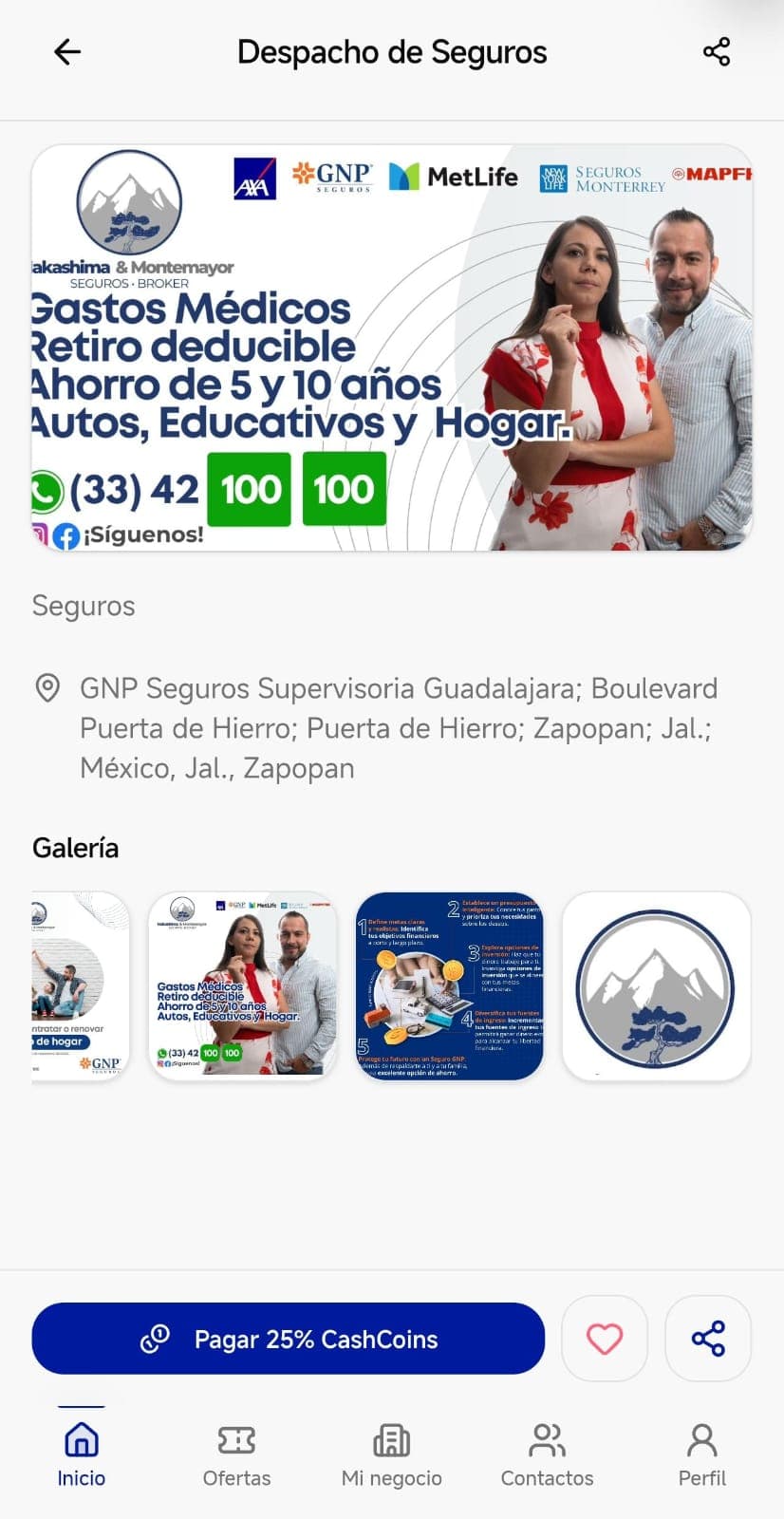 Captura de la app Recommend: ficha de negocio con galería y acciones para compartir o pagar con CashCoins.