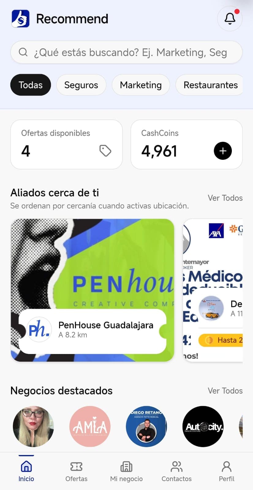 Captura de la app Recommend: inicio con búsqueda, ofertas disponibles, saldo de CashCoins y aliados cercanos.